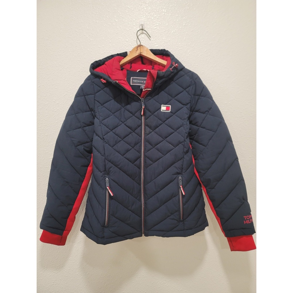 Tommy Hilfiger Quilited Woman's Jacket large fitted excellent hood zip up blue